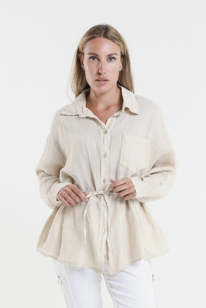 BLS150 250 Beige Abbie LS Linen Self Tie Tunic Front 2