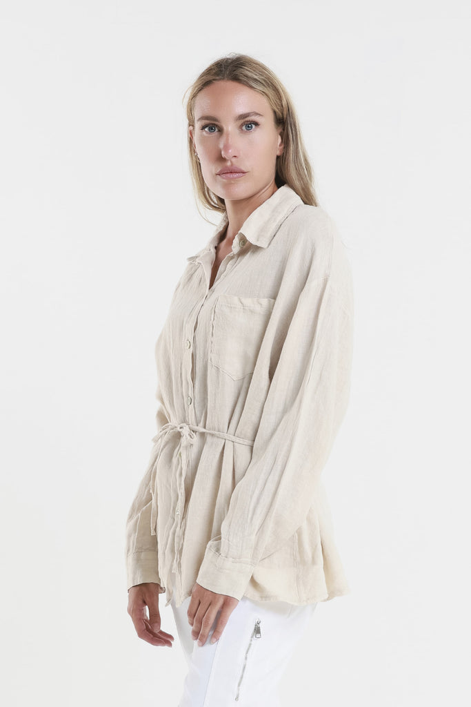 BLS150 250 Beige Abbie LS Linen Self Tie Tunic Side