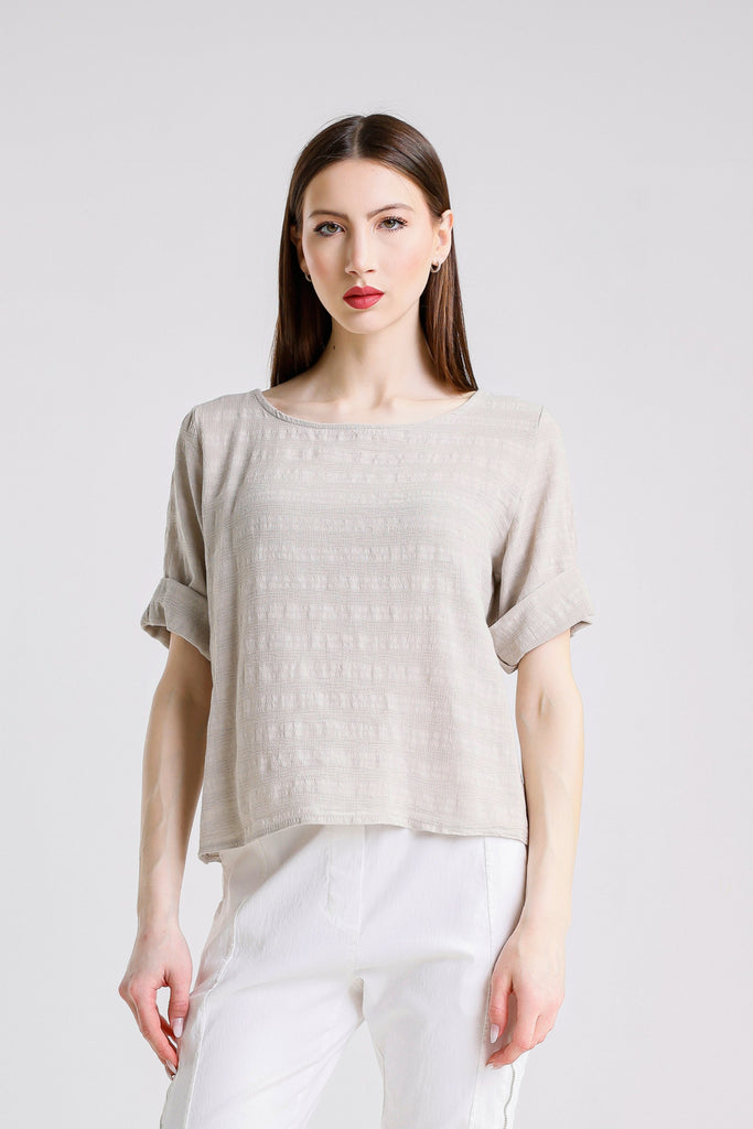 BLS152 250 Beige Brienne LS Subtle Stripe Button Back Top