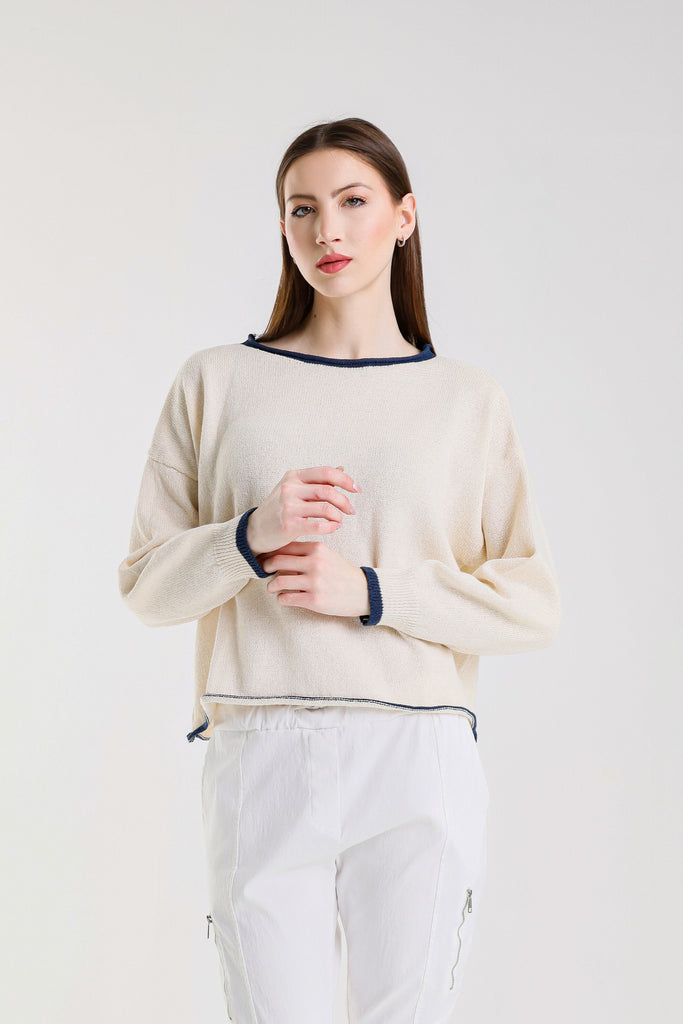 BLS156 126 Ivory/Navy Fabia LS Roll Hem Contrast Trim Ctn Blend Sweater