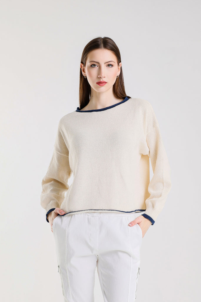 BLS156 126 Ivory/Navy Fabia LS Roll Hem Contrast Trim Ctn Blend Sweater