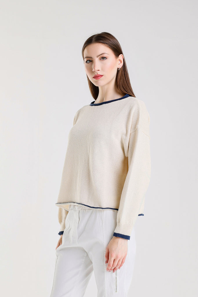 BLS156 126 Ivory/Navy Fabia LS Roll Hem Contrast Trim Ctn Blend Sweater
