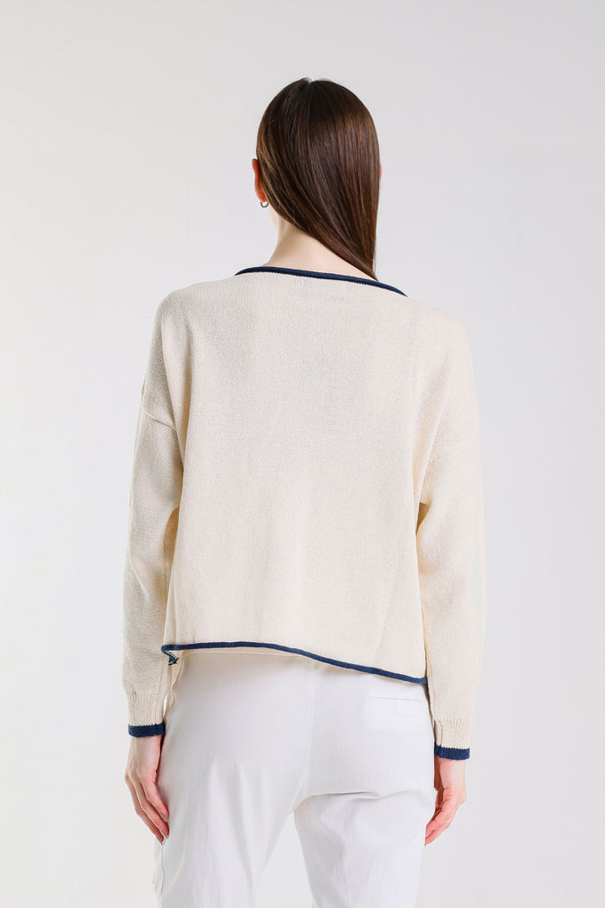 BLS156 126 Ivory/Navy Fabia LS Roll Hem Contrast Trim Ctn Blend Sweater