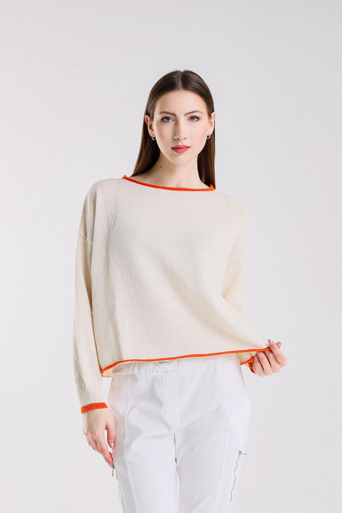 BLS156 127 Ivory/Papaya Fabia LS Roll Hem Contrast Trim Ctn Blend Sweater