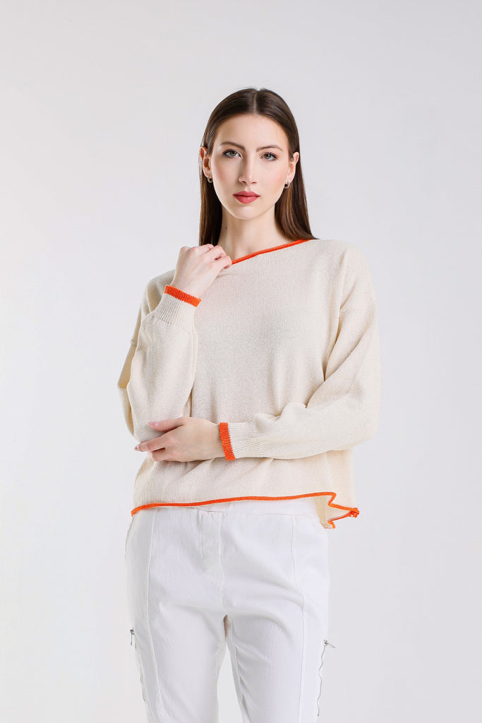 BLS156 127 Ivory/Papaya Fabia LS Roll Hem Contrast Trim Ctn Blend Sweater