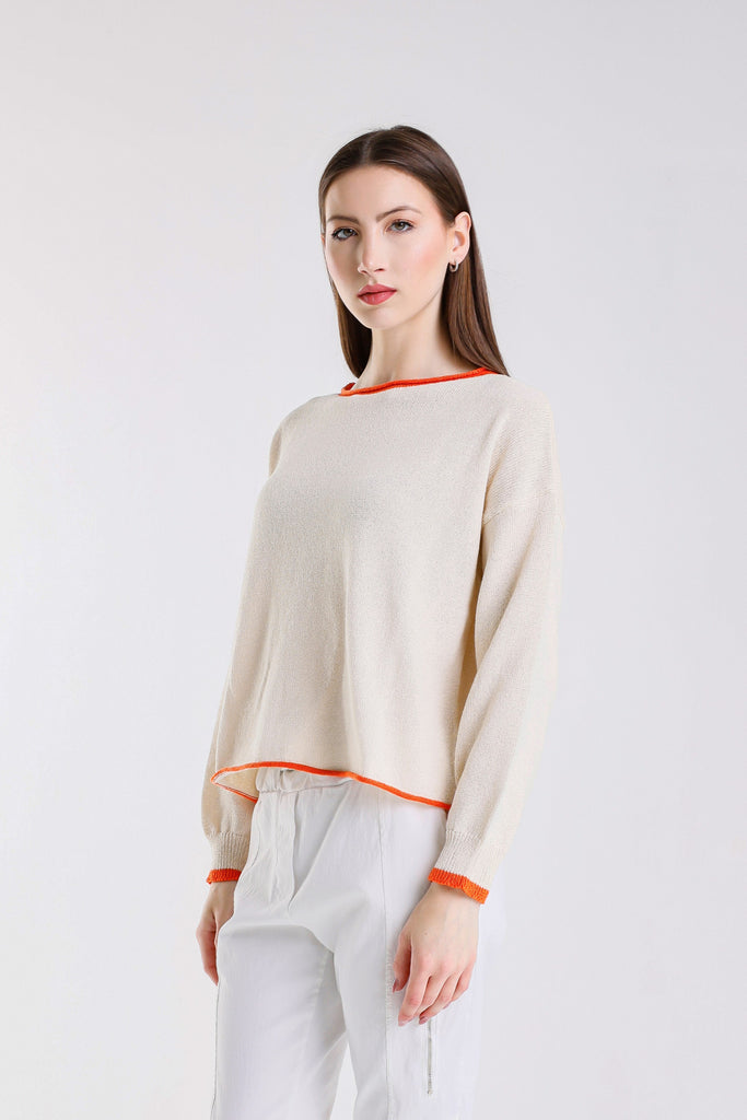 BLS156 127 Ivory/Papaya Fabia LS Roll Hem Contrast Trim Ctn Blend Sweater