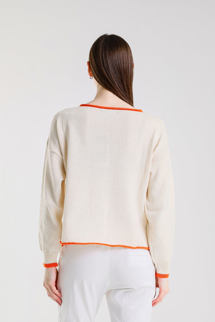 BLS156 127 Ivory/Papaya Fabia LS Roll Hem Contrast Trim Ctn Blend Sweater