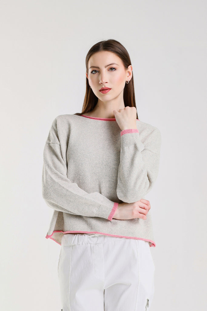 BLS156 158 Pearl/Pink Fabia LS Roll Hem Contrast Trim Ctn Blend Sweater