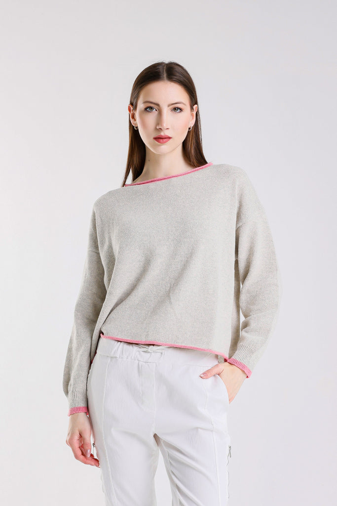 BLS156 158 Pearl/Pink Fabia LS Roll Hem Contrast Trim Ctn Blend Sweater