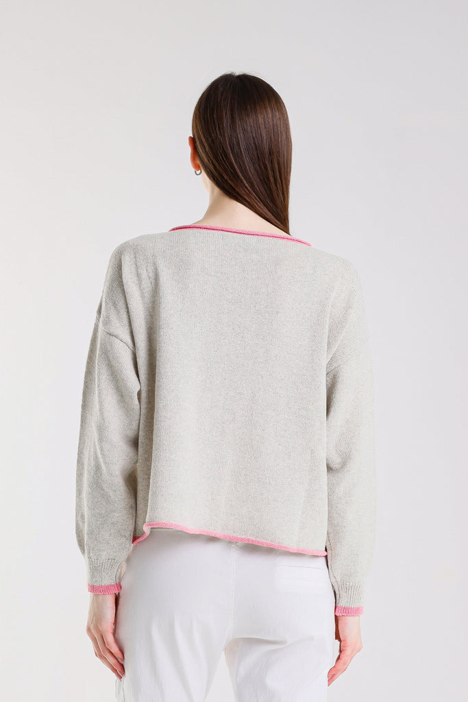 BLS156 158 Pearl/Pink Fabia LS Roll Hem Contrast Trim Ctn Blend Sweater