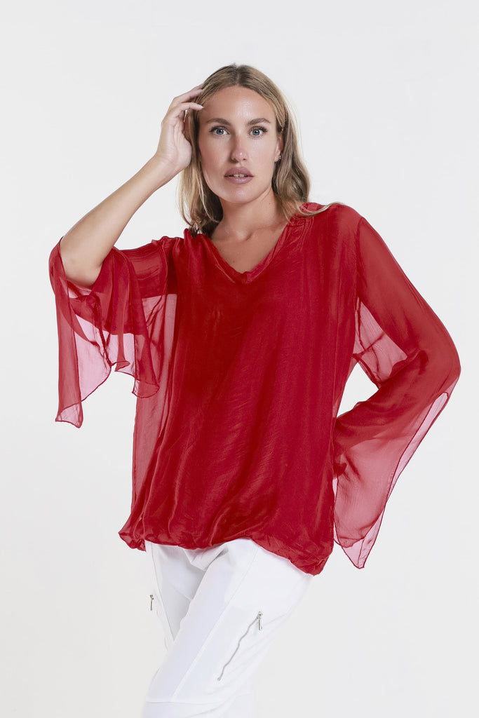 BLS218 600 Red Tiffany LS Silk V-Neck Butterfly Btm Open Wrist-2