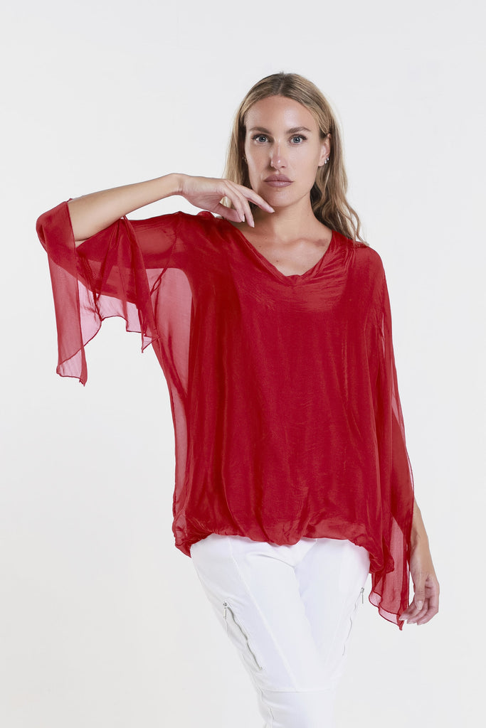 BLS218 600 Red Tiffany LS Silk V-Neck Butterfly Btm Open Wrist-1