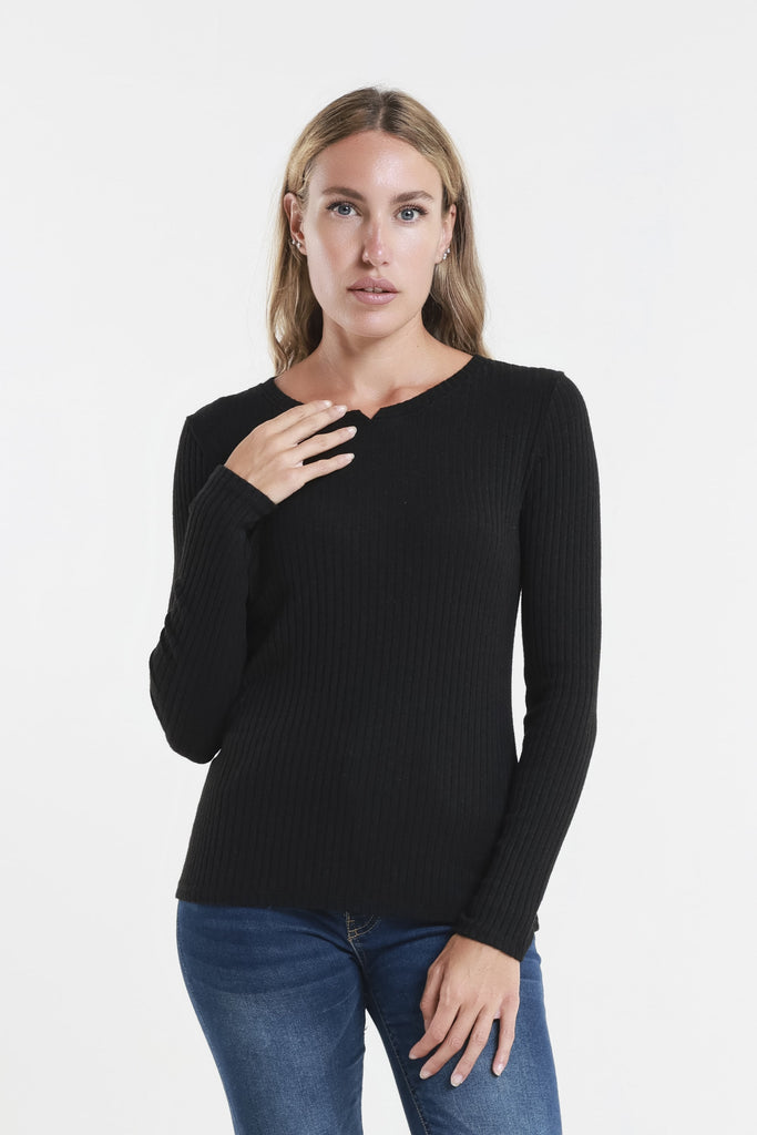 BLS229 001 Black Wendy LS Ribbed Top Front