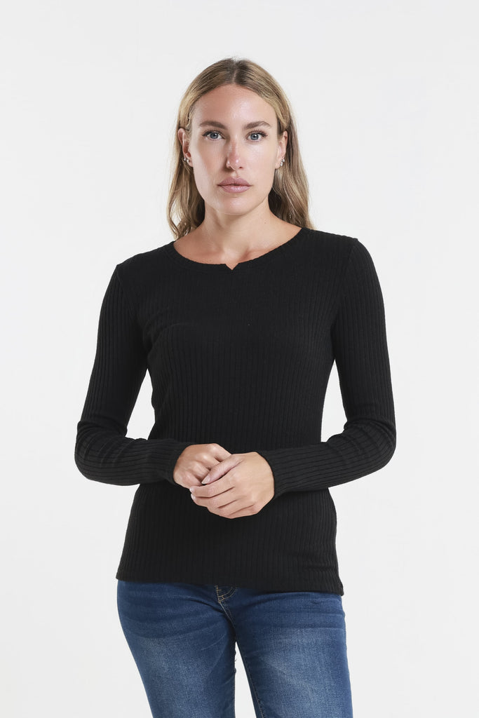 BLS229 001 Black Wendy LS Ribbed Top Front 2