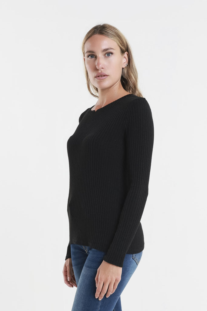 BLS229 001 Black Wendy LS Ribbed Top Side