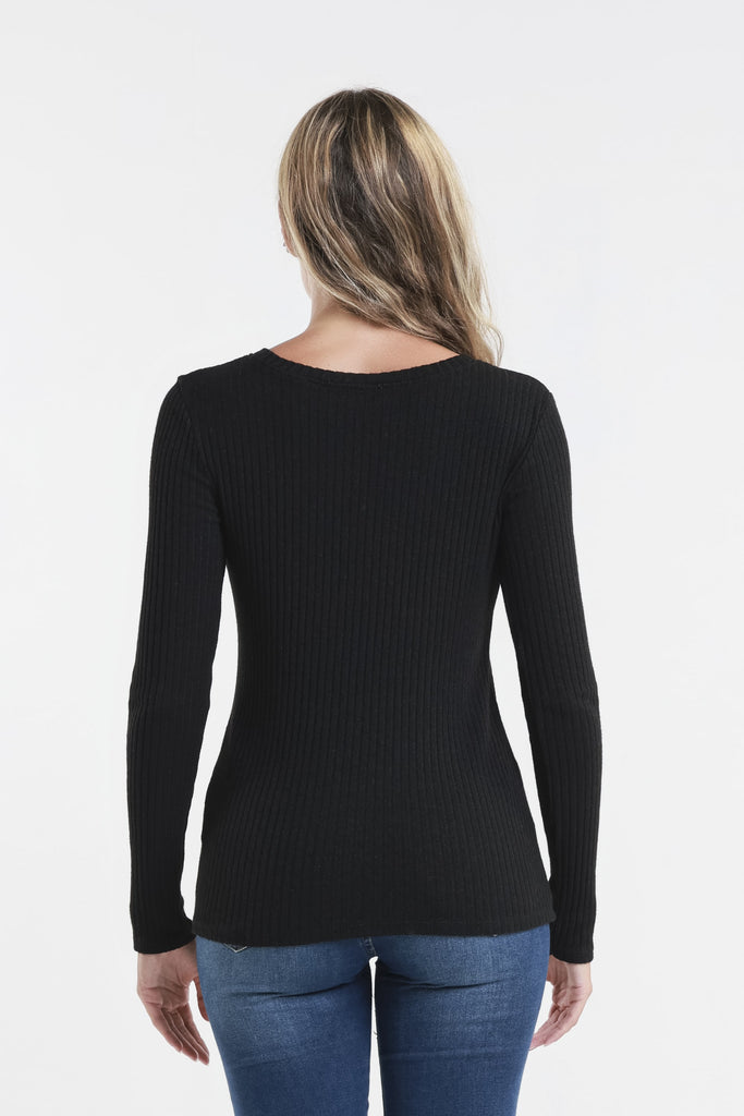 BLS229 001 Black Wendy LS Ribbed Top Back