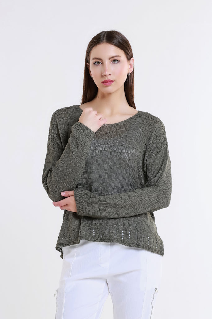 BLS231-303 Army Cheryl LS Ribbed Linen Blend Sweater