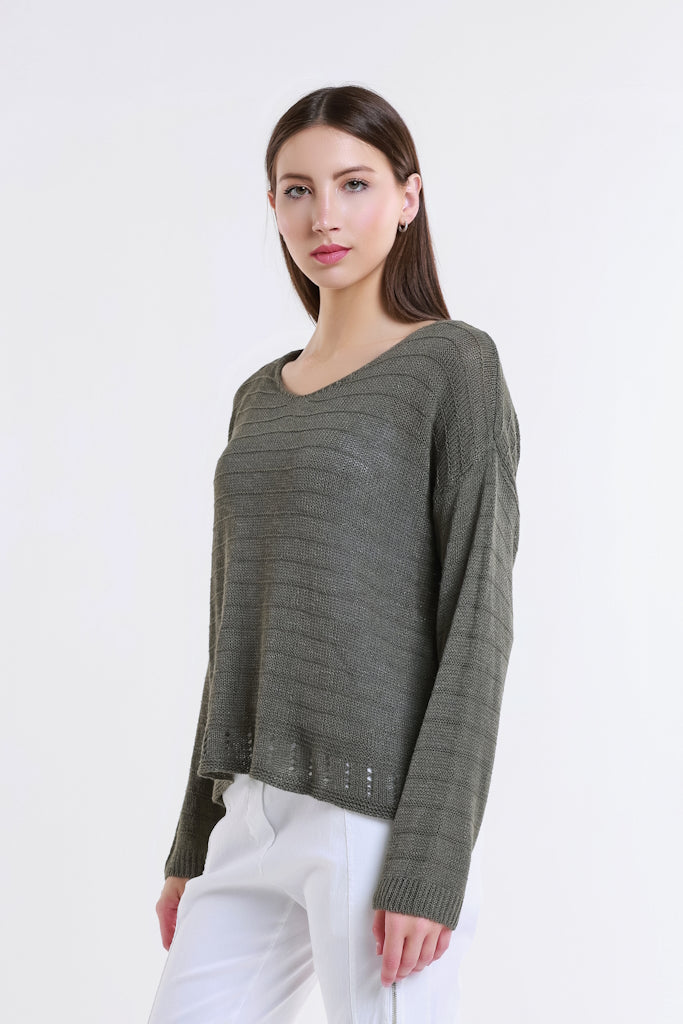 BLS231-303 Army Cheryl LS Ribbed Linen Blend Sweater
