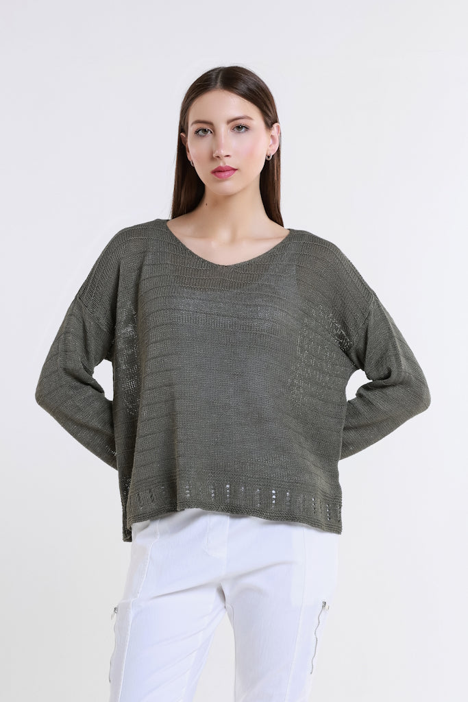 BLS231-303 Army Cheryl LS Ribbed Linen Blend Sweater