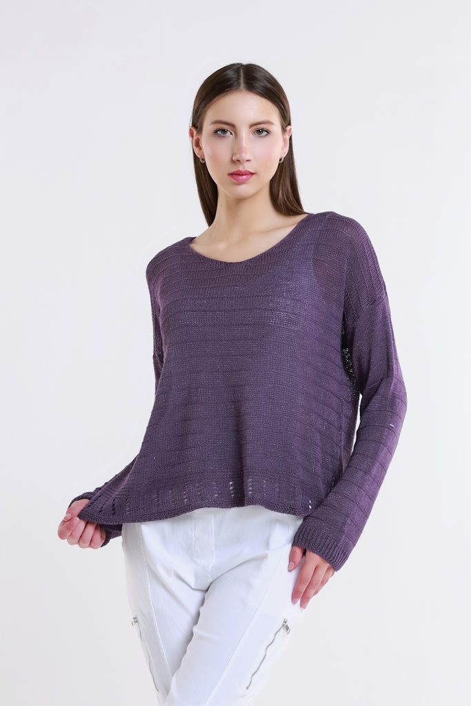 BLS231-503 Eggplant Cheryl LS Ribbed Linen Blend Sweater