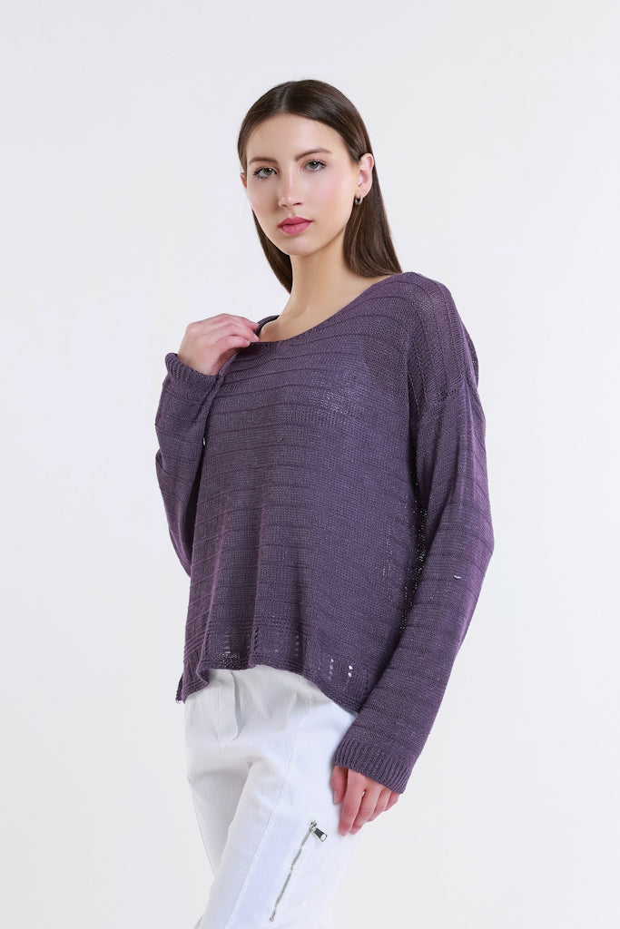 BLS231-503 Eggplant Cheryl LS Ribbed Linen Blend Sweater