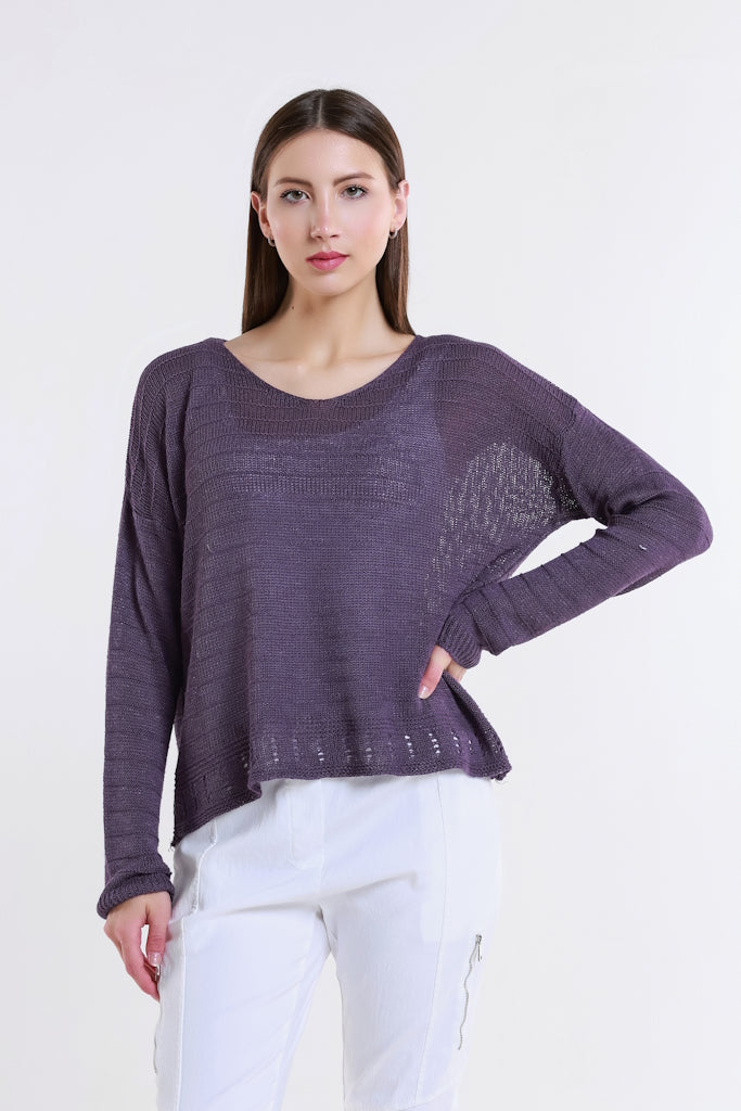 BLS231-503 Eggplant Cheryl LS Ribbed Linen Blend Sweater