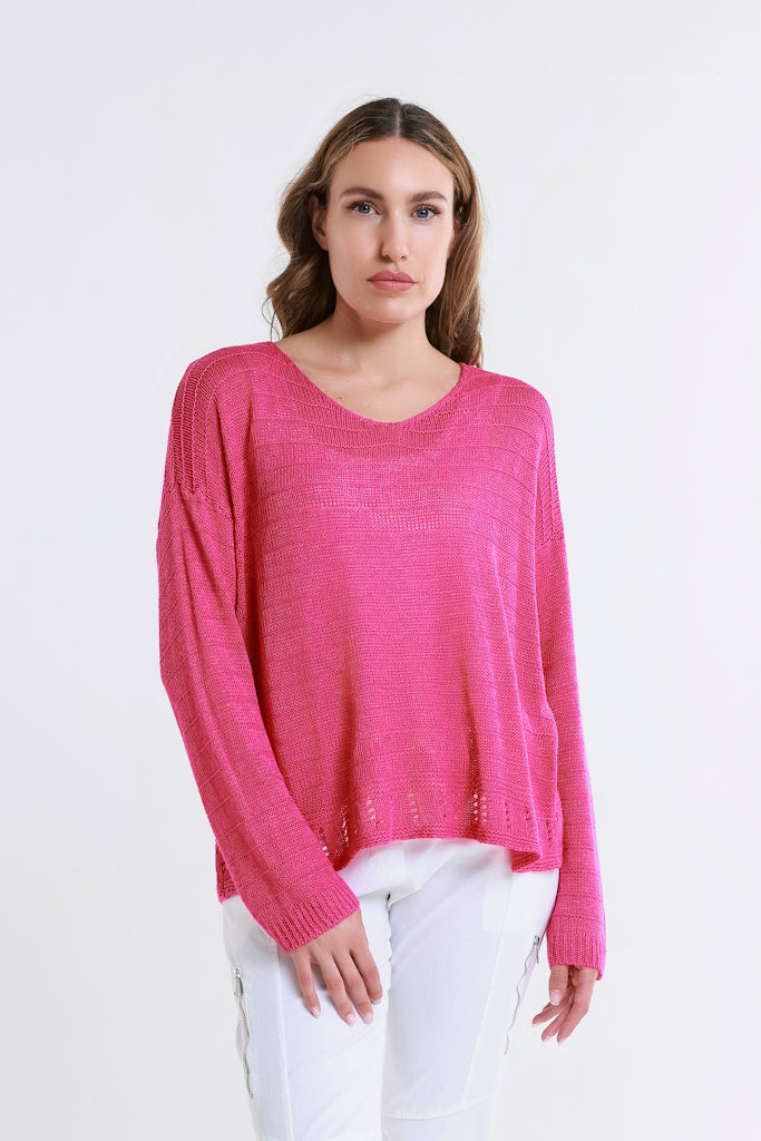 BLS231-672 Fuchsia Cheryl LS Ribbed Linen Blend Sweater