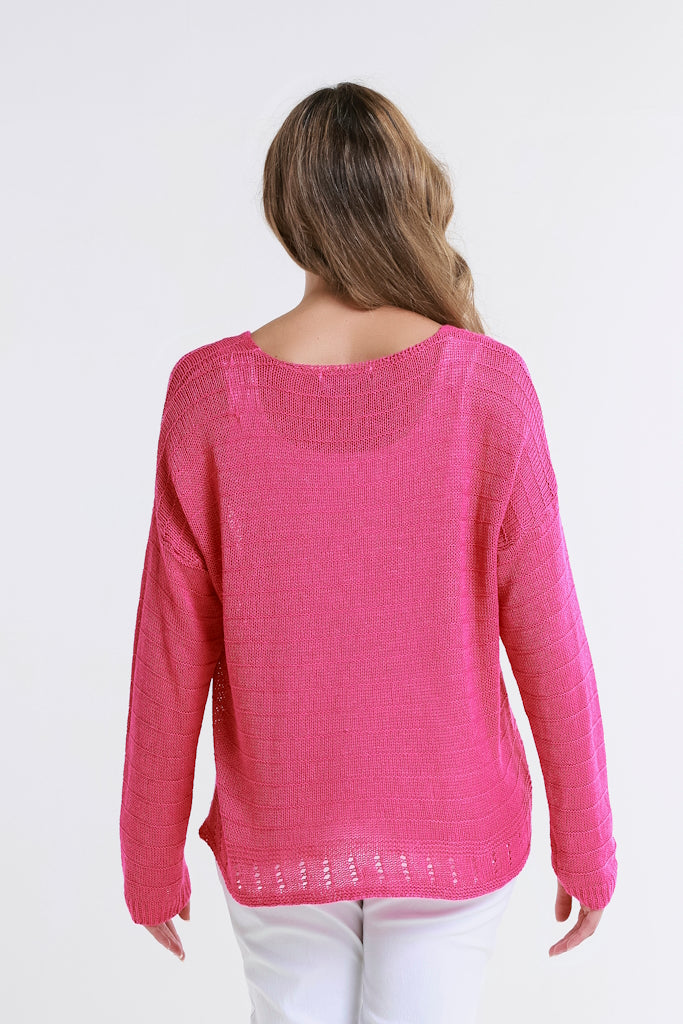BLS231-672 Fuchsia Cheryl LS Ribbed Linen Blend Sweater