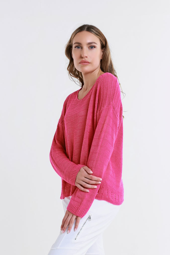 BLS231-672 Fuchsia Cheryl LS Ribbed Linen Blend Sweater