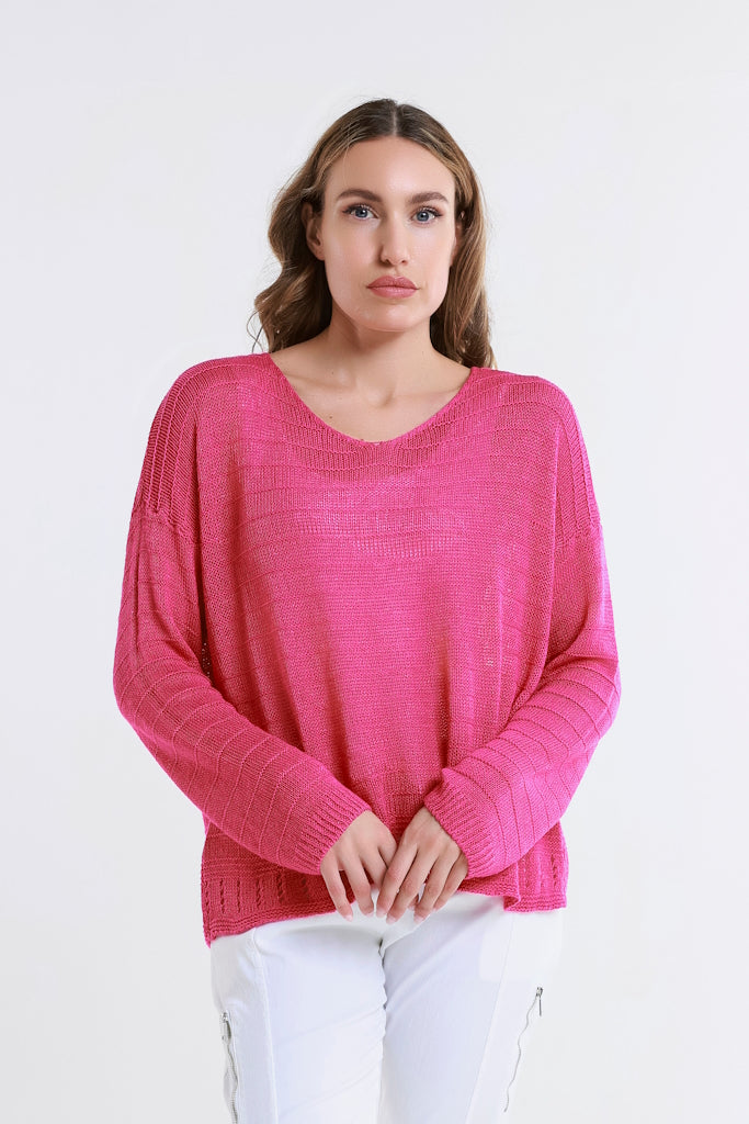 BLS231-672 Fuchsia Cheryl LS Ribbed Linen Blend Sweater