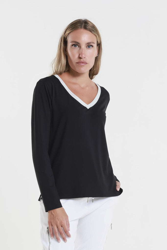 BLS234M 001 Black Metallic Neck Leslie LS V-Neck Top-2