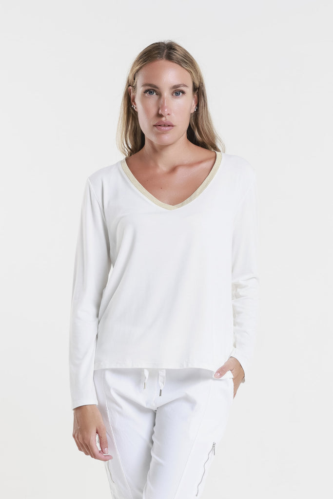 BLS234M 105 Cream Metallic Neck Leslie LS V-Neck Top-1