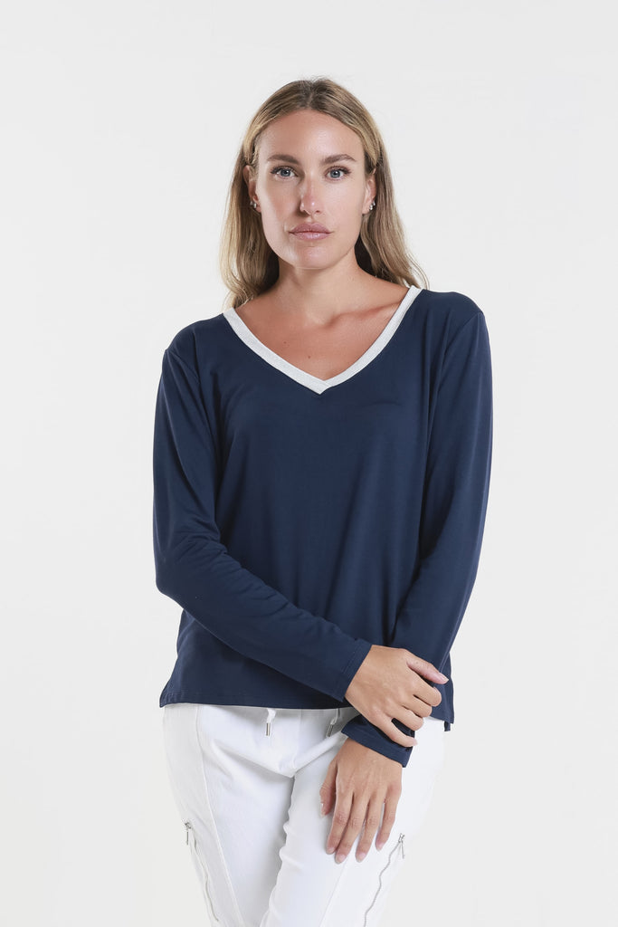 BLS234M 409 Navy Metallic Neck Leslie LS V-Neck Top-1