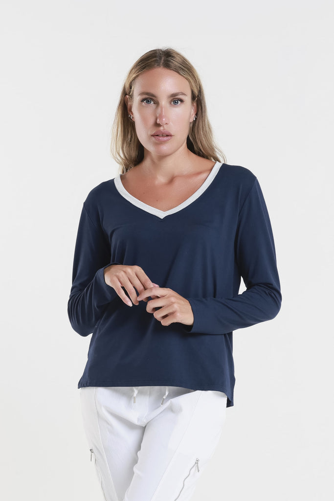 BLS234M 409 Navy Metallic Neck Leslie LS V-Neck Top-2