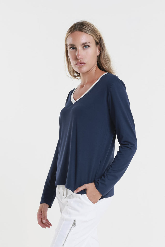 BLS234M 409 Navy Metallic Neck Leslie LS V-Neck Top-3