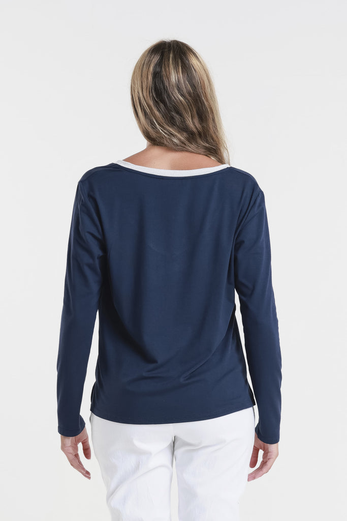 BLS234M 409 Navy Metallic Neck Leslie LS V-Neck Top-4