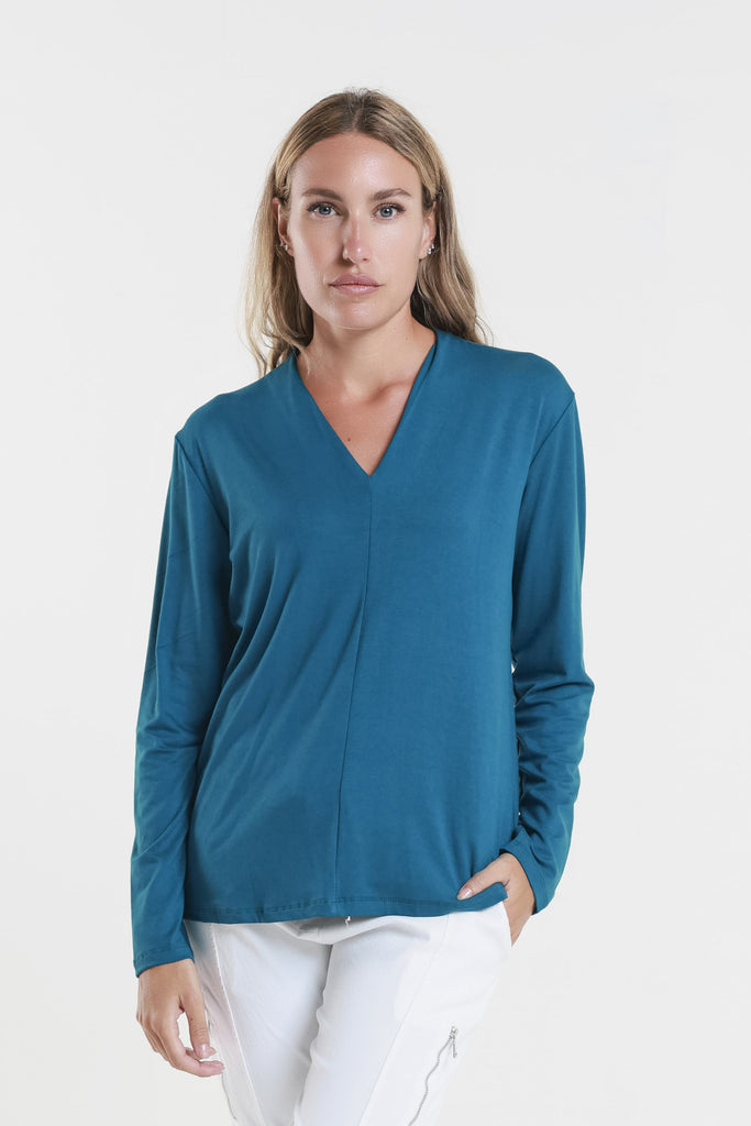 BLS237 323 Teal Judy LS V-Neck Ctr Seam Top-1