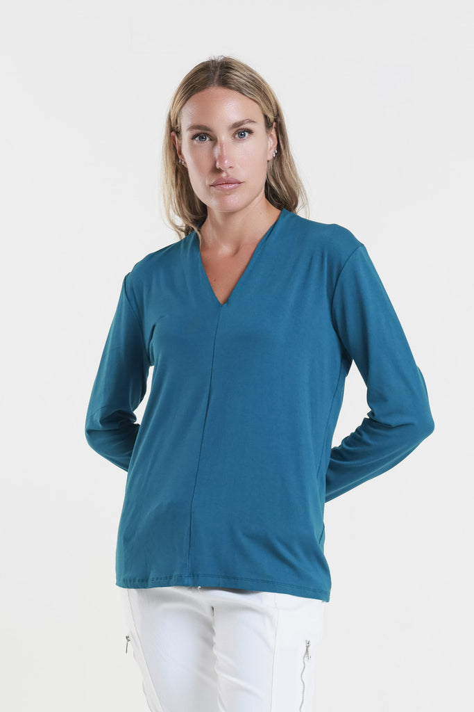 BLS237 323 Teal Judy LS V-Neck Ctr Seam Top-2