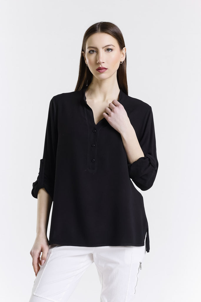 BLS240 001 Black Dolly LS Roll Up Slv Crepe Top