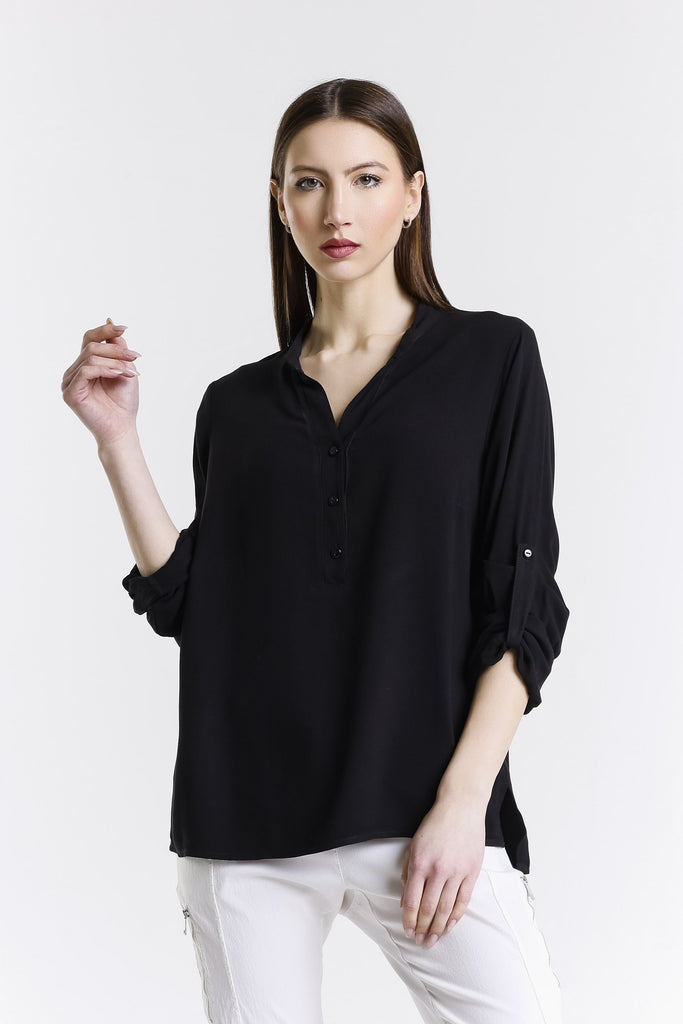 BLS240 001 Black Dolly LS Roll Up Slv Crepe Top