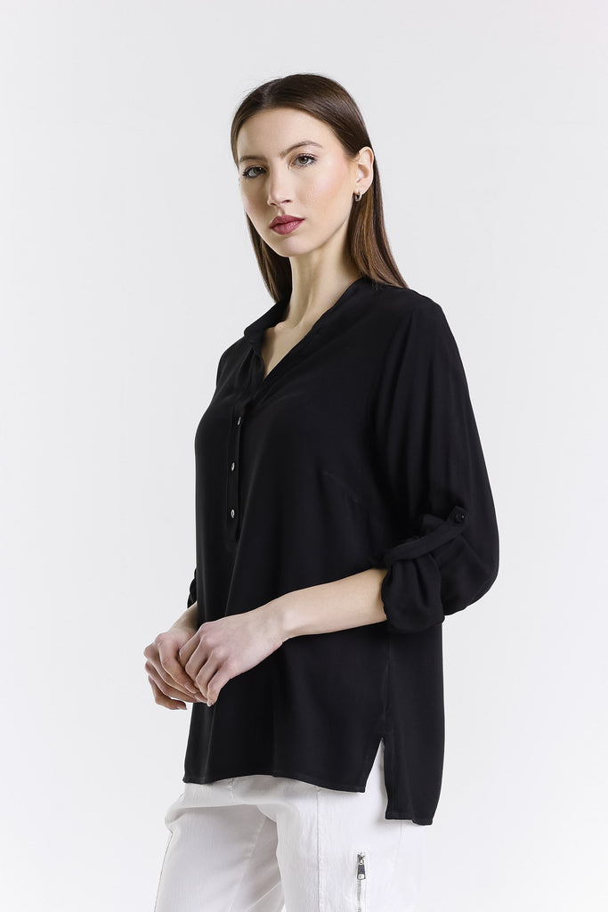 BLS240 001 Black Dolly LS Roll Up Slv Crepe Top