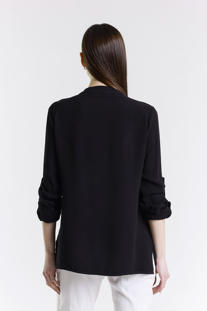 BLS240 001 Black Dolly LS Roll Up Slv Crepe Top