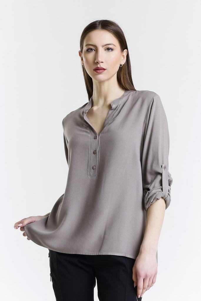 BLS240 210 Taupe Dolly LS Roll Up Slv Crepe Top