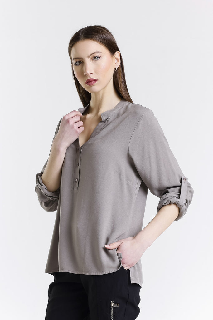 BLS240 210 Taupe Dolly LS Roll Up Slv Crepe Top