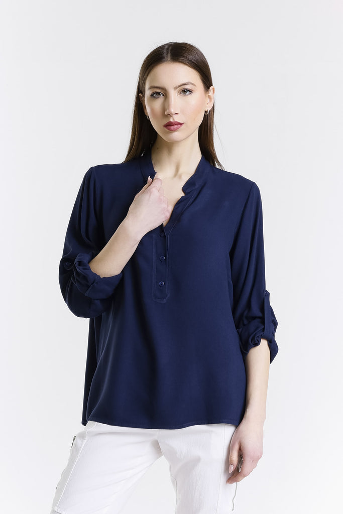 BLS240 409 Navy Dolly LS Roll Up Slv Crepe Top