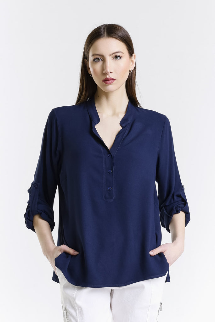 BLS240 409 Navy Dolly LS Roll Up Slv Crepe Top