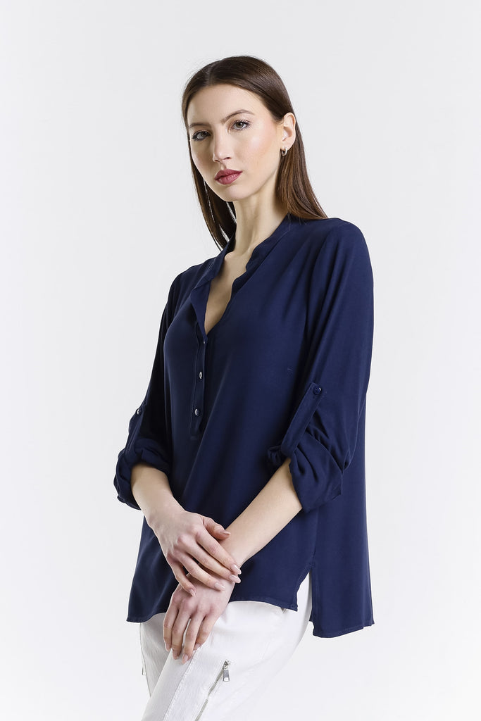 BLS240 409 Navy Dolly LS Roll Up Slv Crepe Top