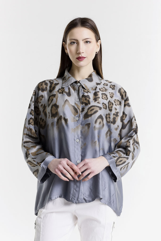 BLS243A 040 Medium Gray Animal Aubrey Animal Print LS Viscose Blouse