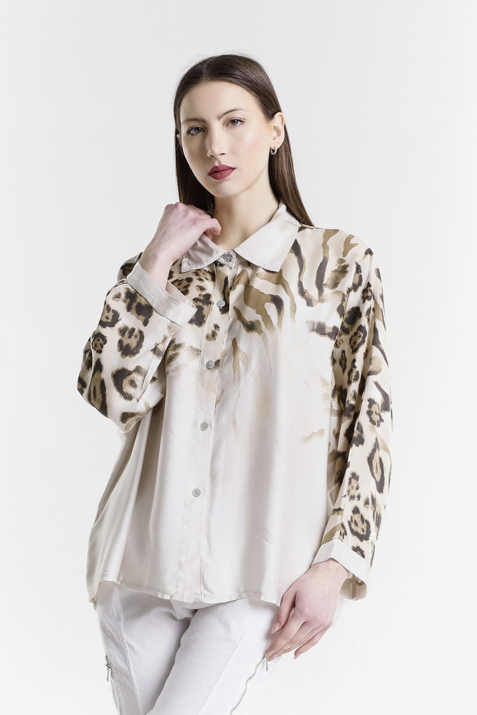 BLS243A 250 Beige Animal Aubrey Animal Print LS Viscose Blouse