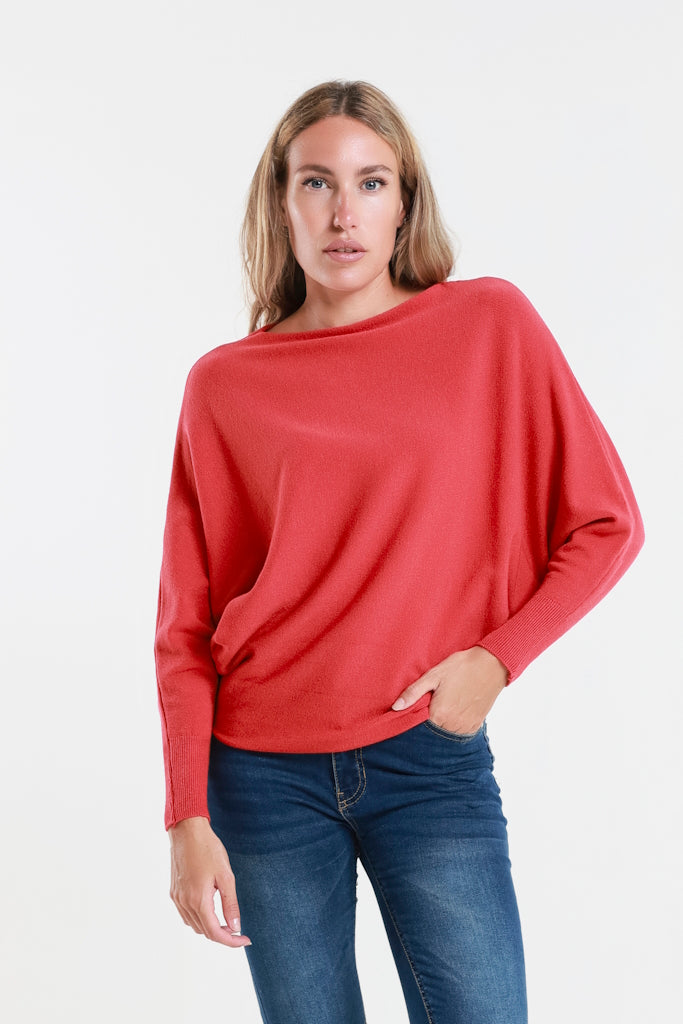 BLS413-600 Red Mylah Long Sleeve Batwing Sweater